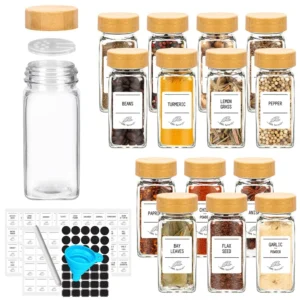 Glass Spice Jars with Bamboo Lids Include with Minimalist Spice