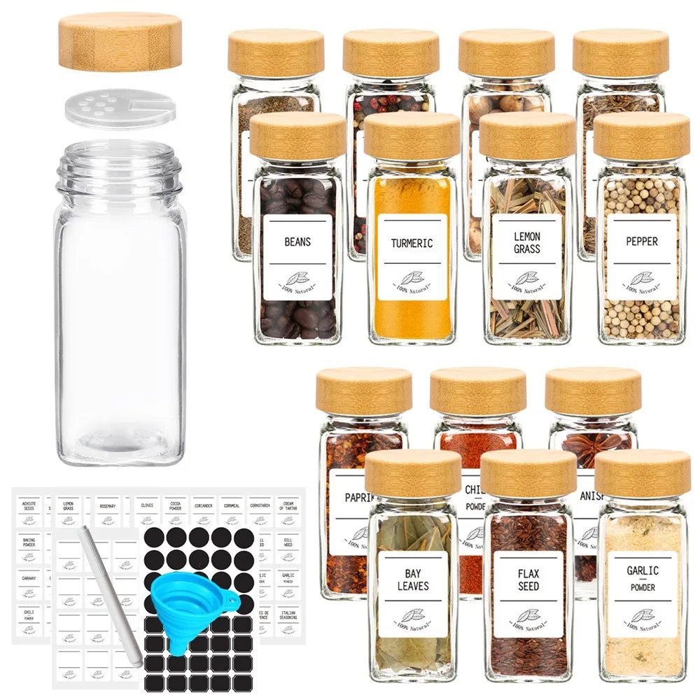 Glass Spice Jars with Bamboo Lids Include with Minimalist Spice