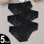 Solid Color Black Cotton Panties Hollow Out Lace Floral Briefs