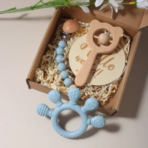 Baby Bibs Gift Set – Hand Teething Pacifier Chain with Wooden Bear