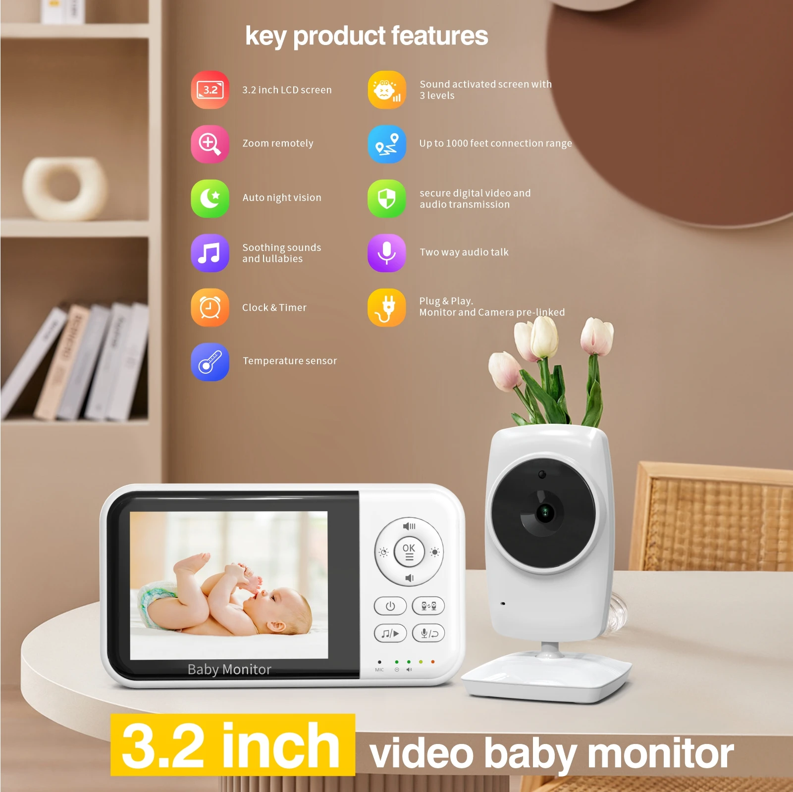 Baby Monitor with Camera and Night Vision 3.2 Inch Screen 2-Way - Image 6